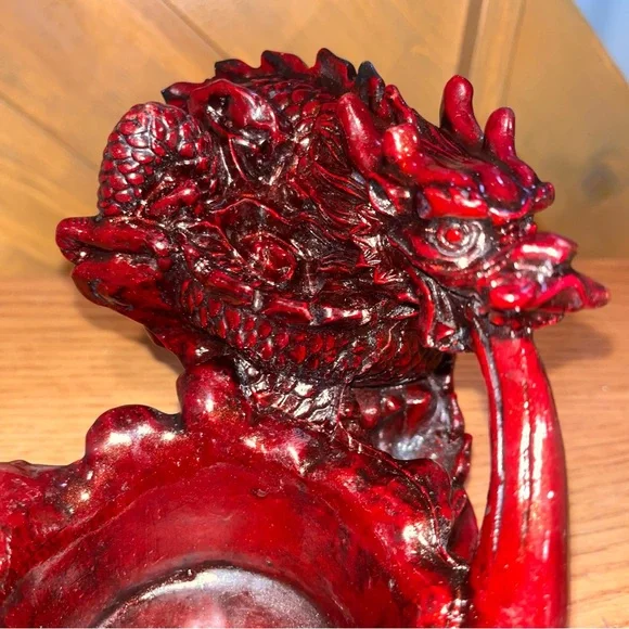Vintage Chinese Red Lacquer Resin Dragon Holder Candle, Trinket, Ashtray Coins - Picture 5 of 10